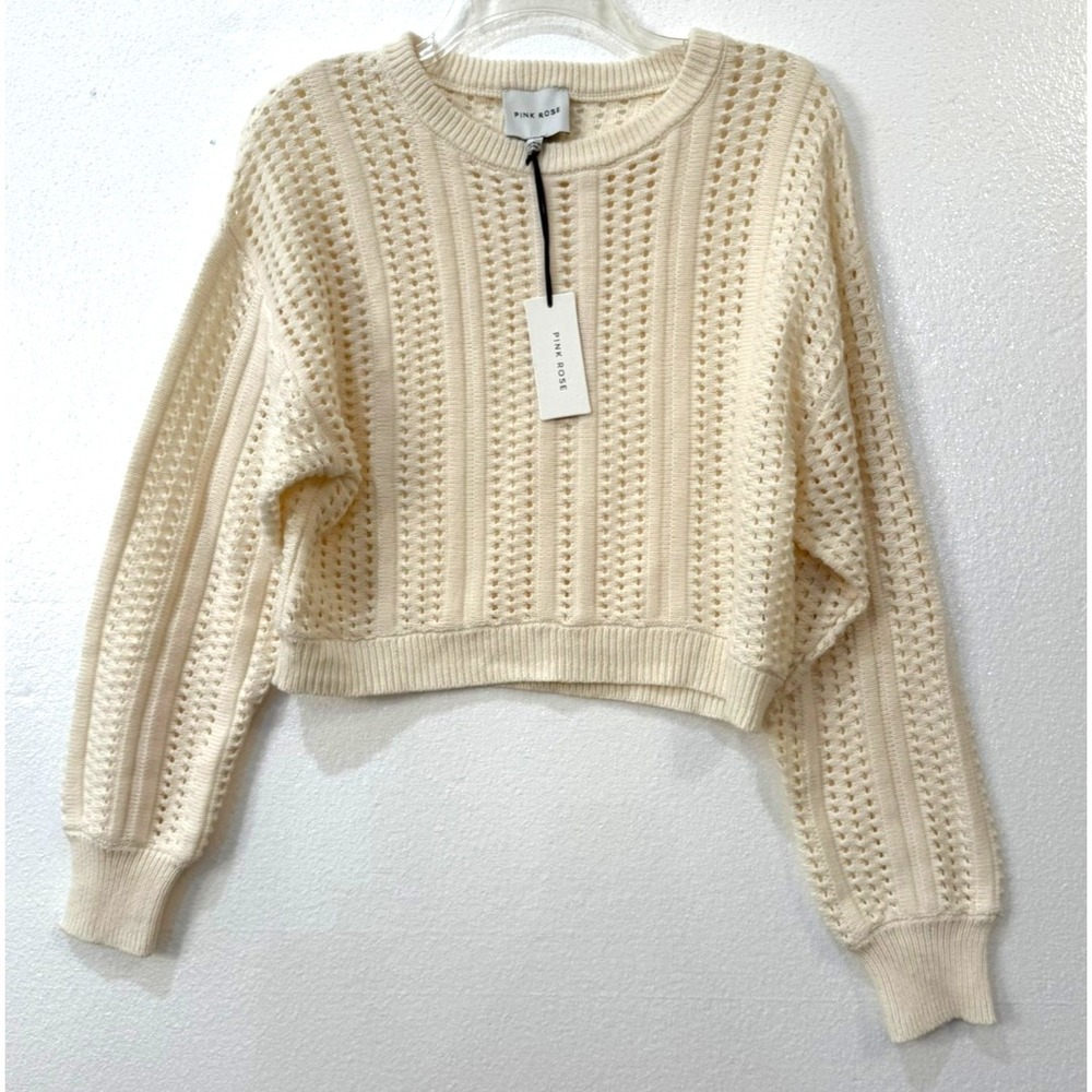 NWT Pink Rose Size Small Ivory Open Knit Crop Crewneck Sweater